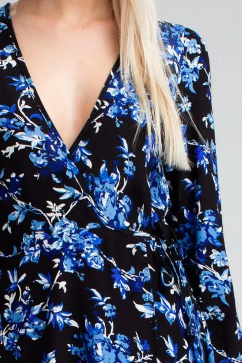 Middleton Black and Blue Floral Long Sleeve  Wrap Dress