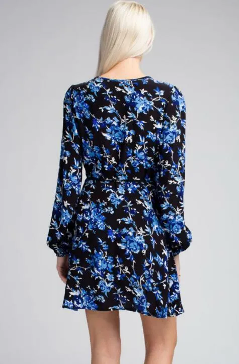 Middleton Black and Blue Floral Long Sleeve  Wrap Dress