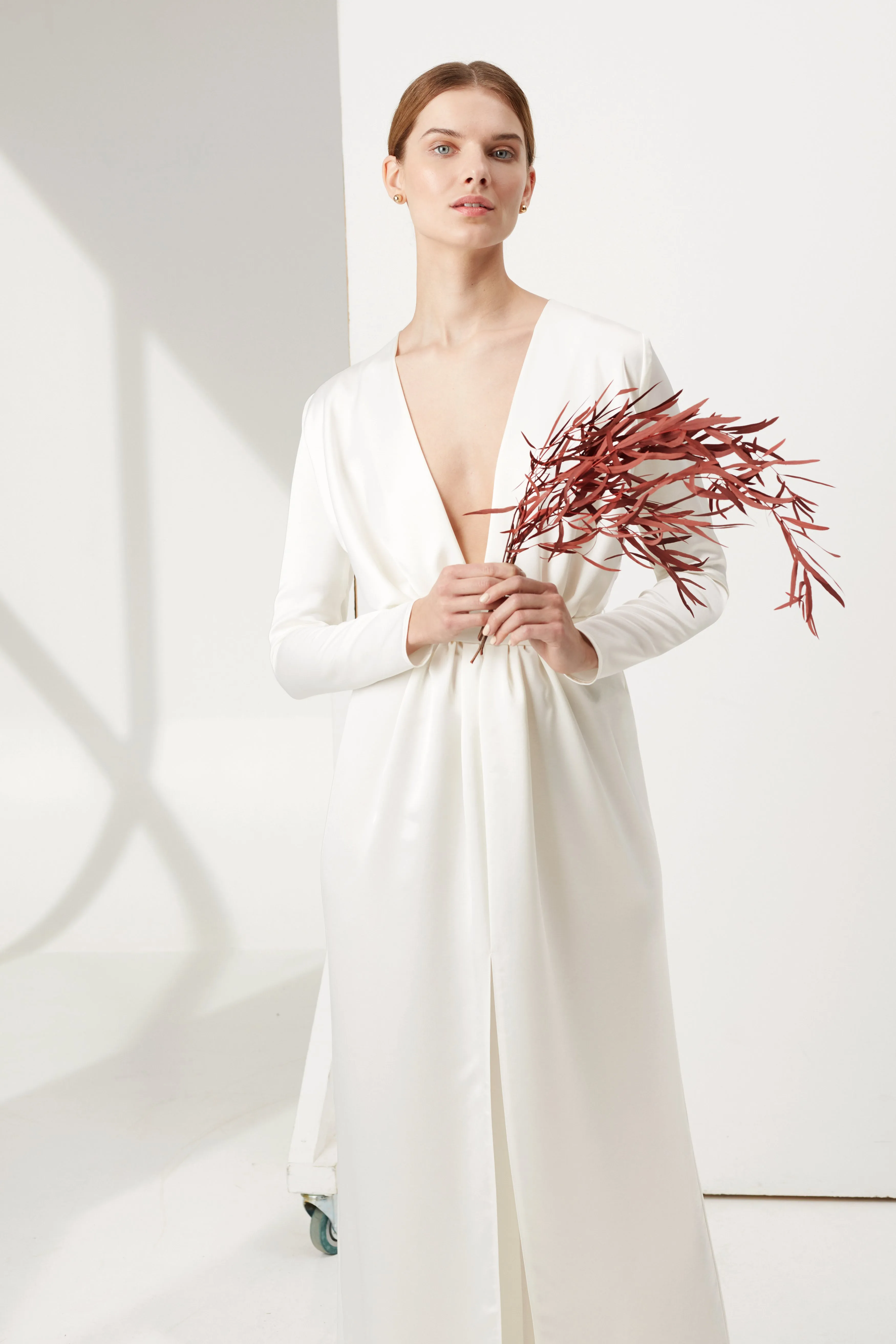 MUZA white satin deep v neck wedding dress