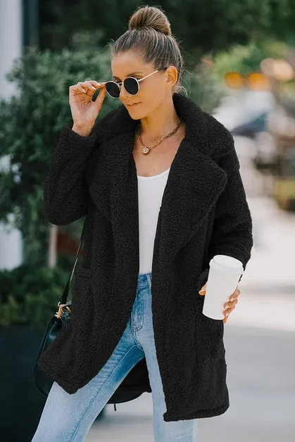 Notched Collar Fuzzy Coat