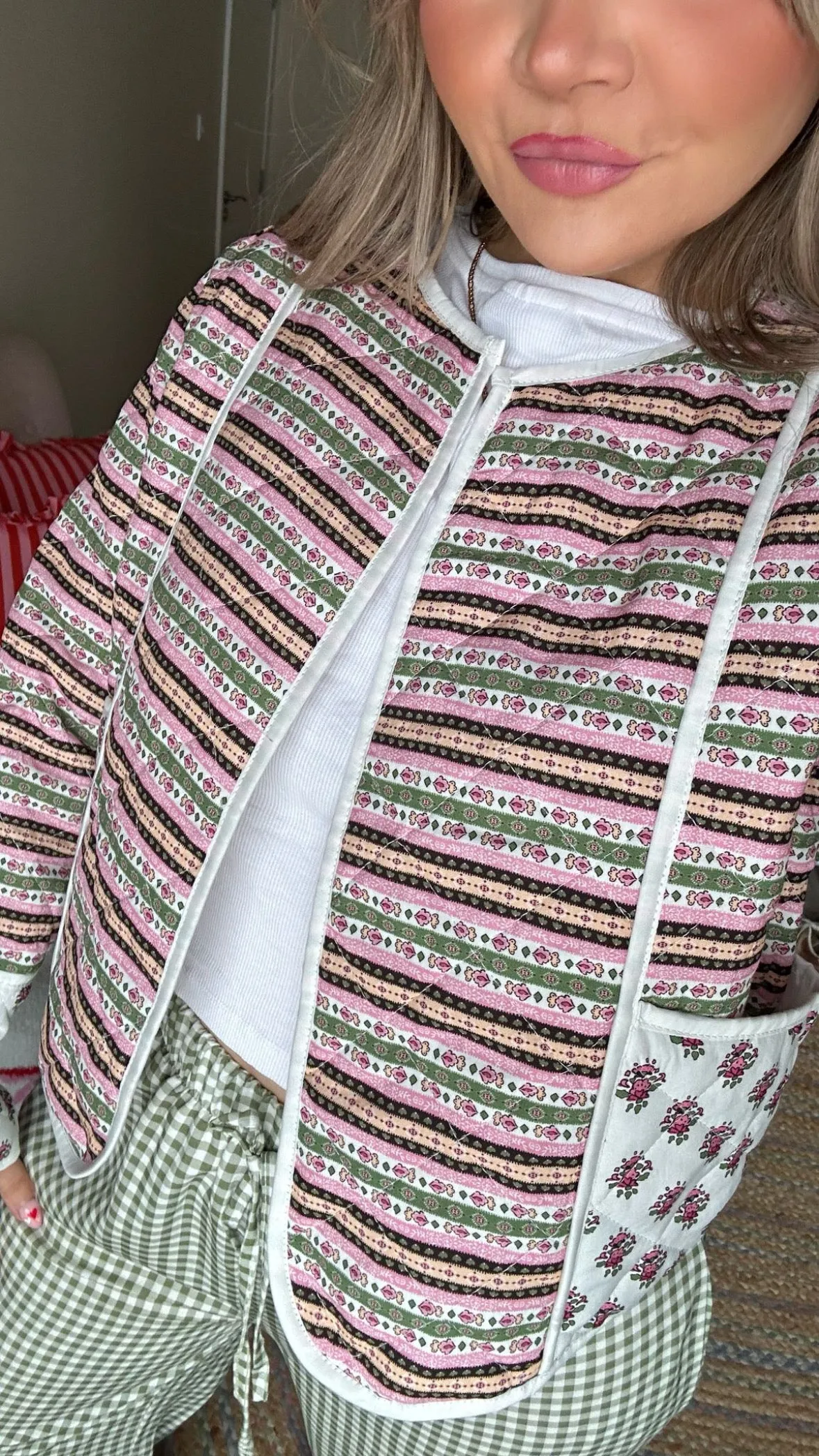 Pink Geometric Patterned Quilted Jacket