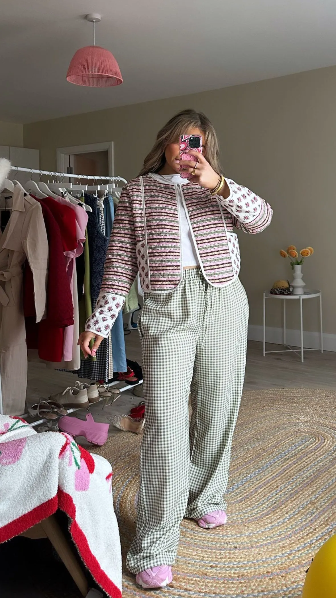 Pink Geometric Patterned Quilted Jacket
