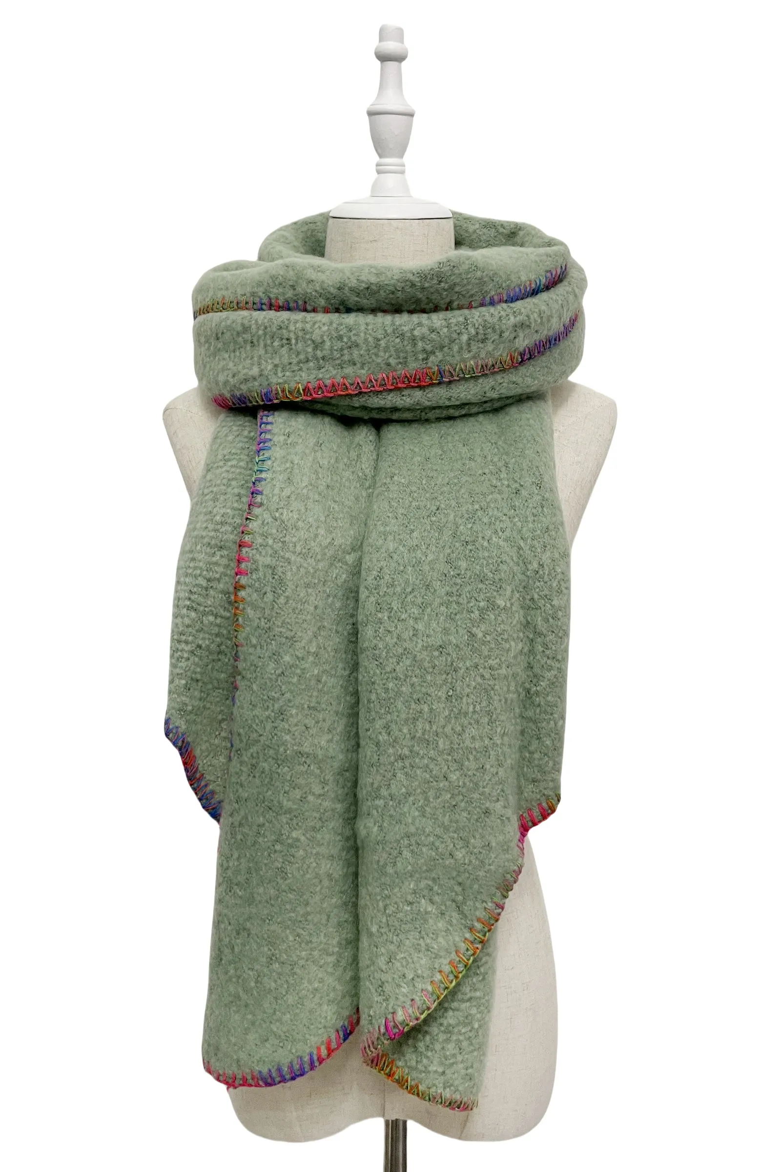 Plain Contrast Stitch Wool Diagonal Edge Scarf