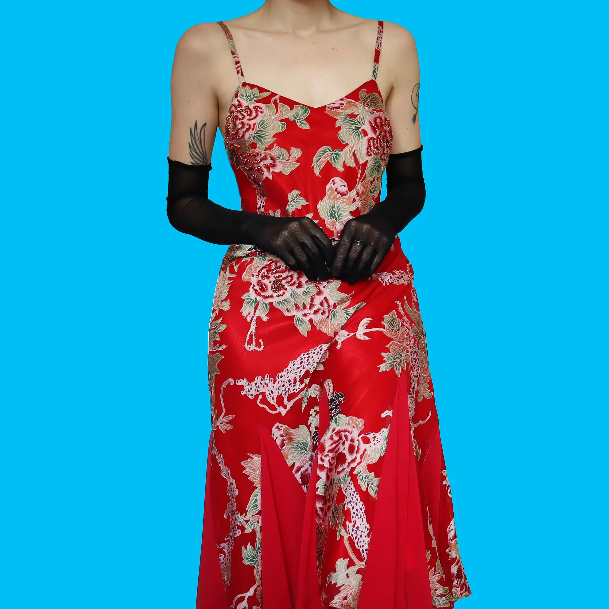 Red floral slip midi dress UK 12