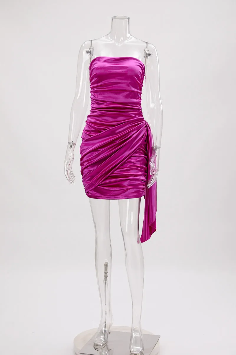 Satin Texture Tube Top Ribbon Pleated Party Dress
