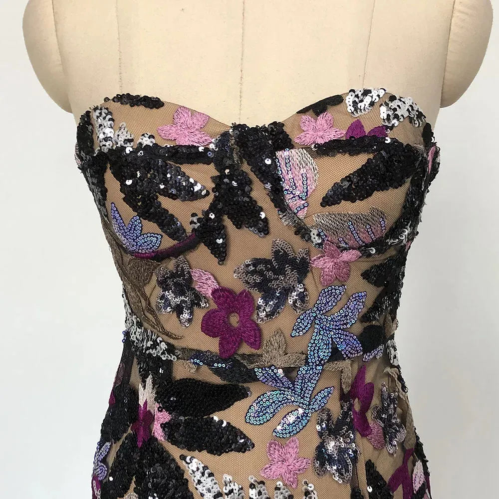 Sequin Floral Strapless Maxi Dress