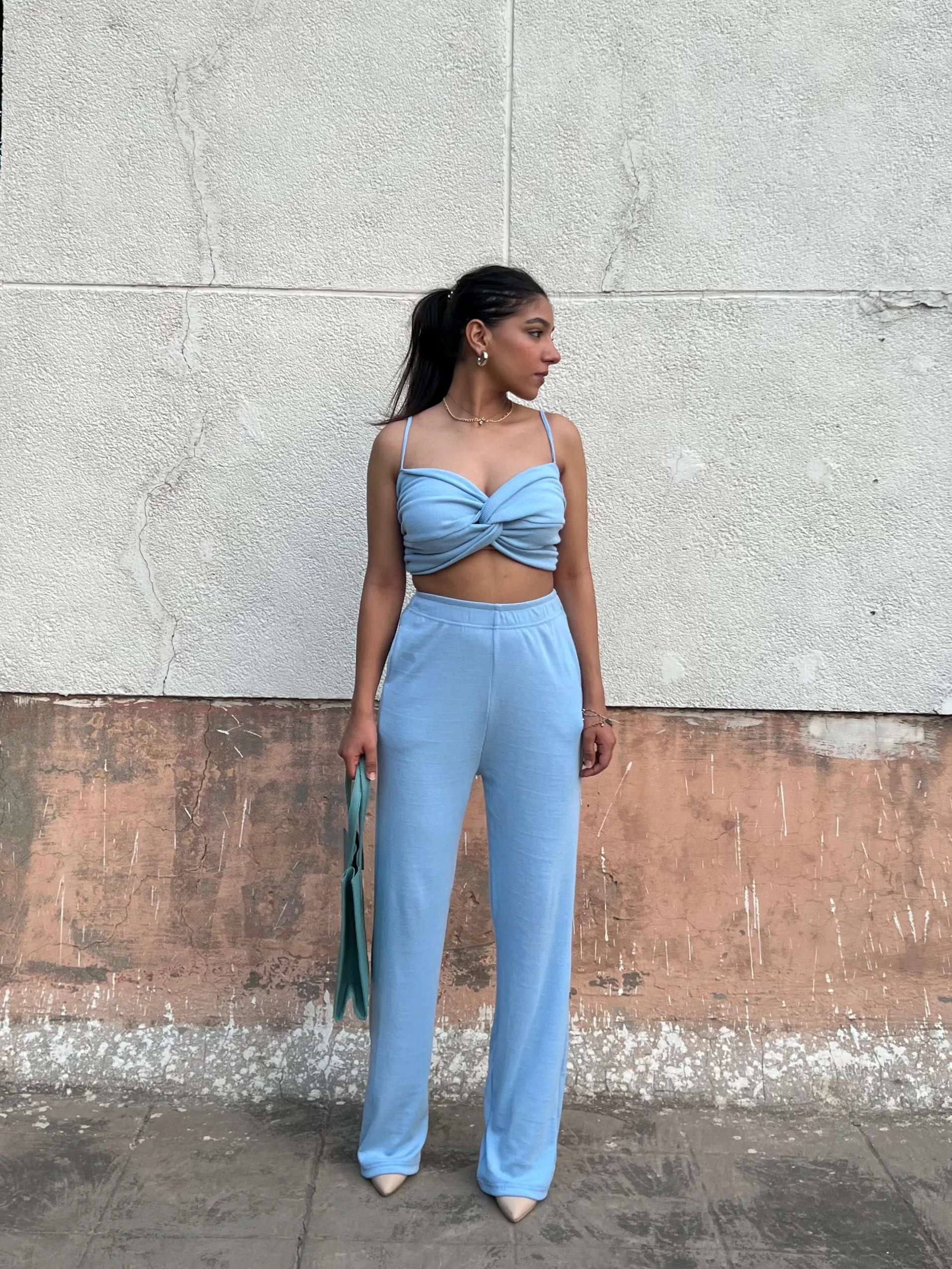 Sky Blue Rib Crop Set