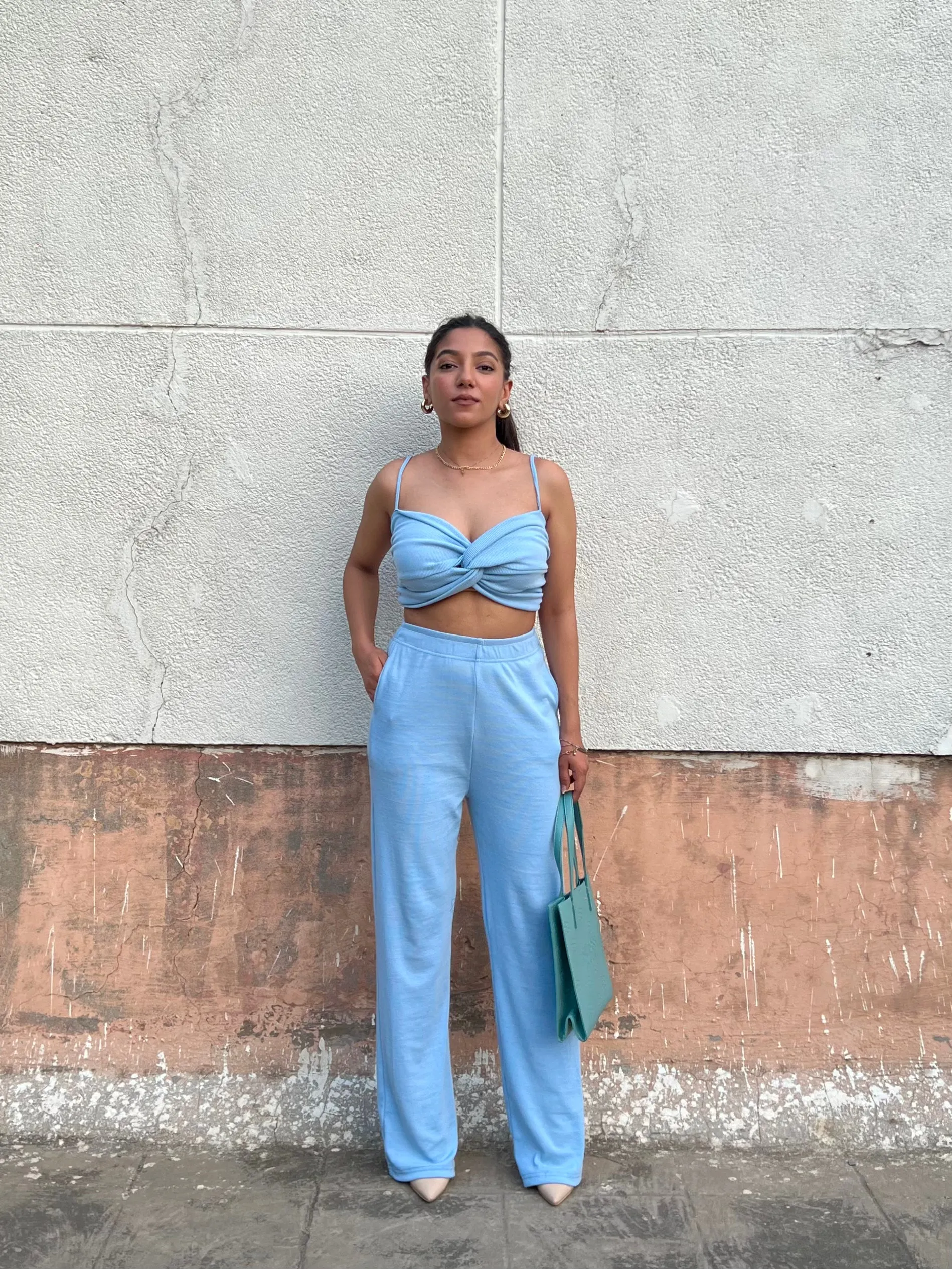 Sky Blue Rib Crop Set