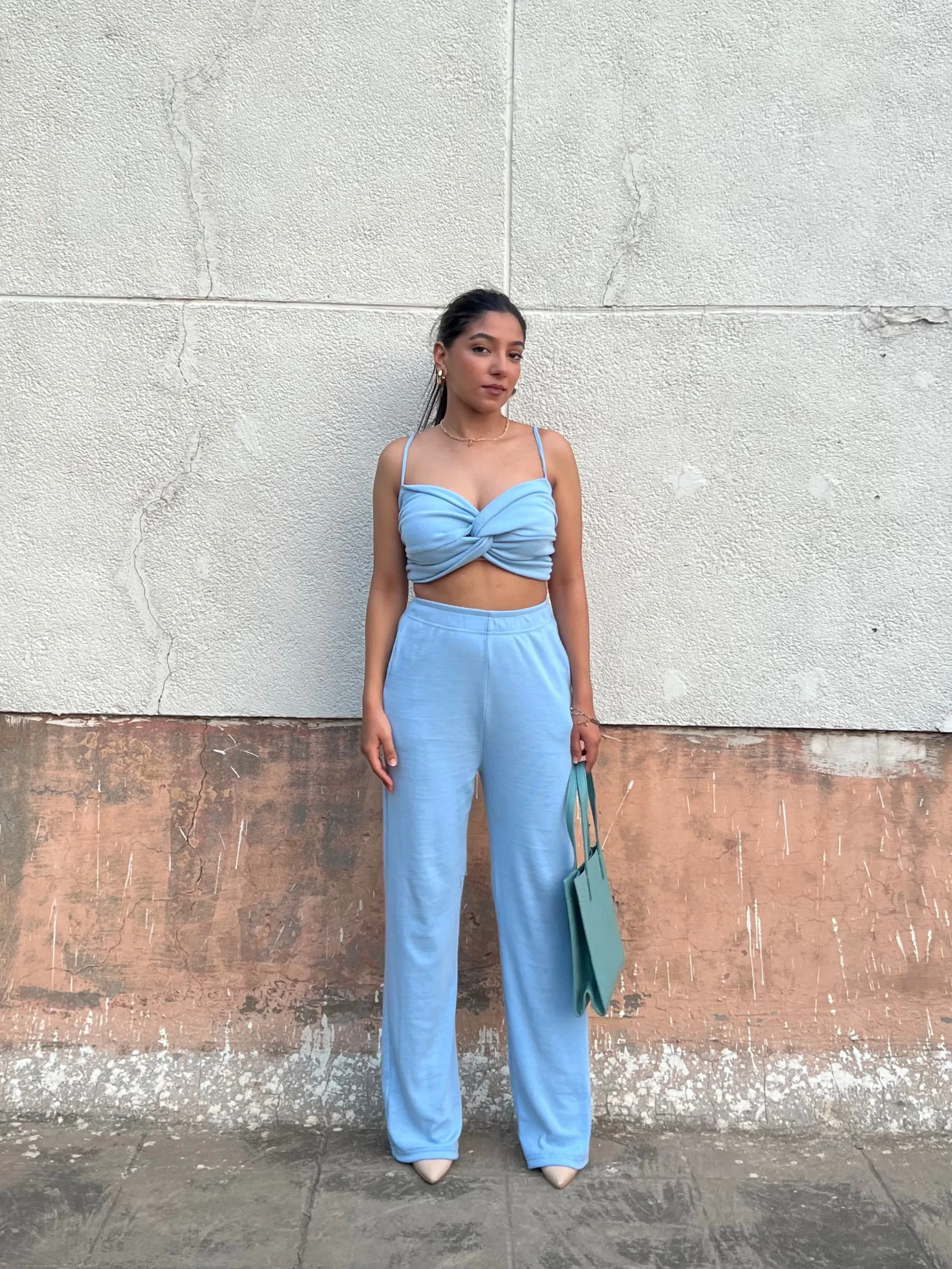 Sky Blue Rib Crop Set