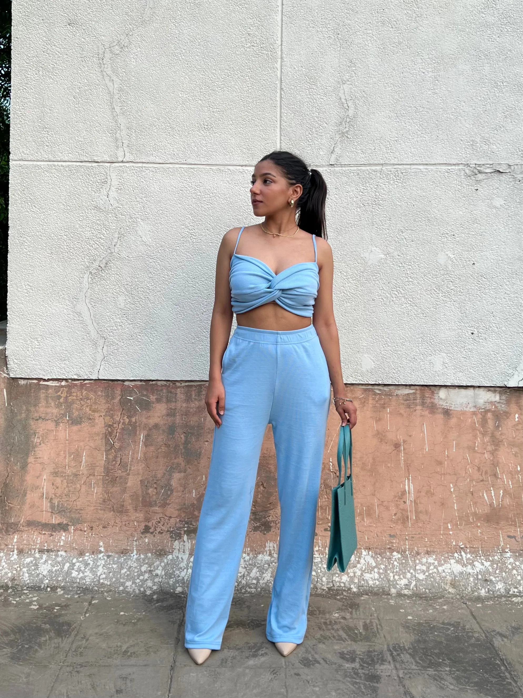 Sky Blue Rib Crop Set