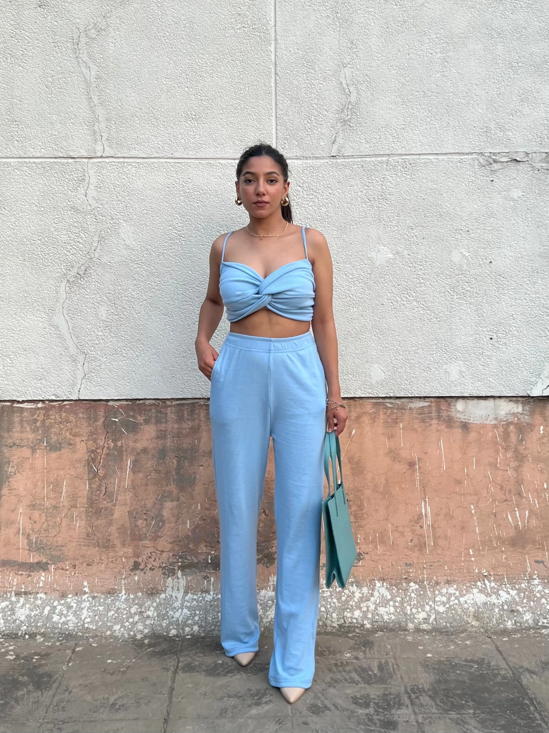 Sky Blue Rib Crop Set