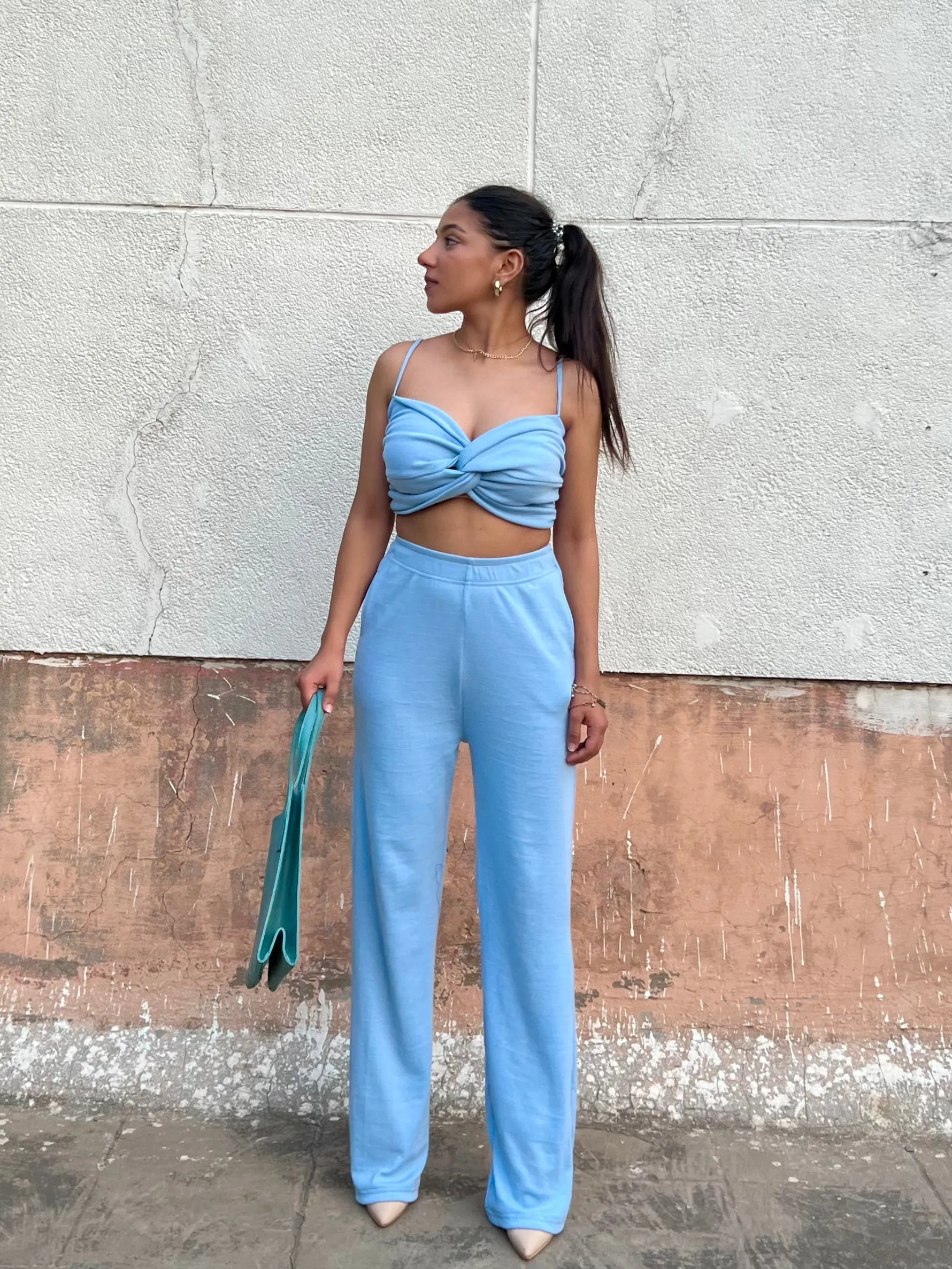 Sky Blue Rib Crop Set