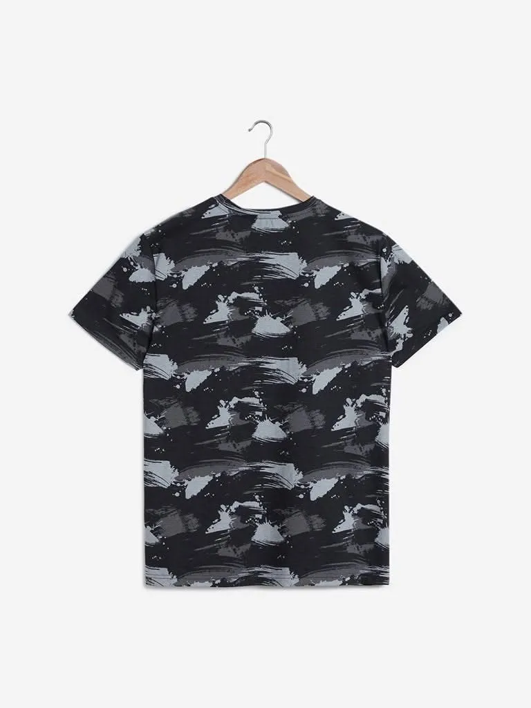Studiofit Black Abstract Printed T-Shirt