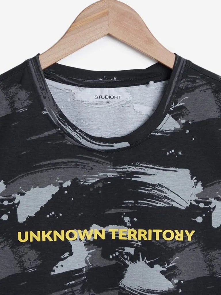 Studiofit Black Abstract Printed T-Shirt