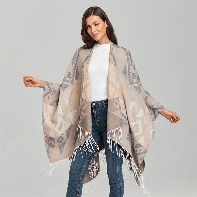 Tassel Slit Shawl Cape Double Sided Imitation Cashmere Thickened Large Warm Cape