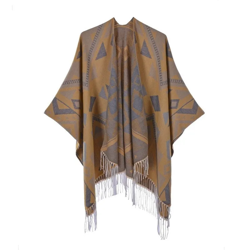 Tassel Slit Shawl Cape Double Sided Imitation Cashmere Thickened Large Warm Cape