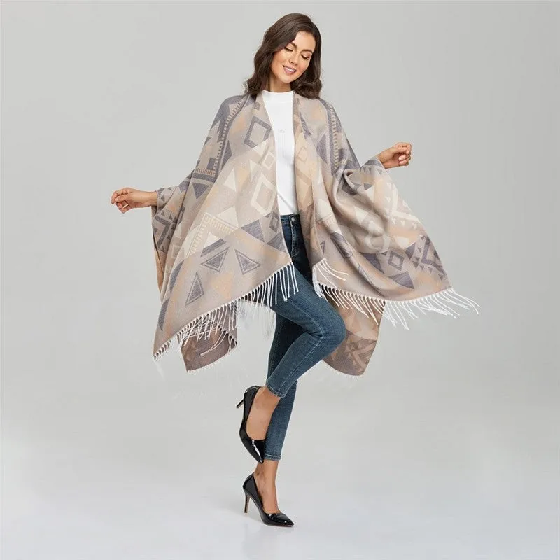 Tassel Slit Shawl Cape Double Sided Imitation Cashmere Thickened Large Warm Cape