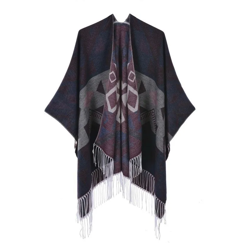 Tassel Slit Shawl Cape Double Sided Imitation Cashmere Thickened Large Warm Cape