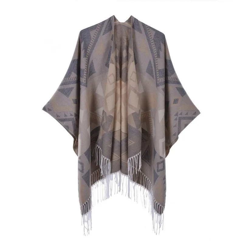 Tassel Slit Shawl Cape Double Sided Imitation Cashmere Thickened Large Warm Cape