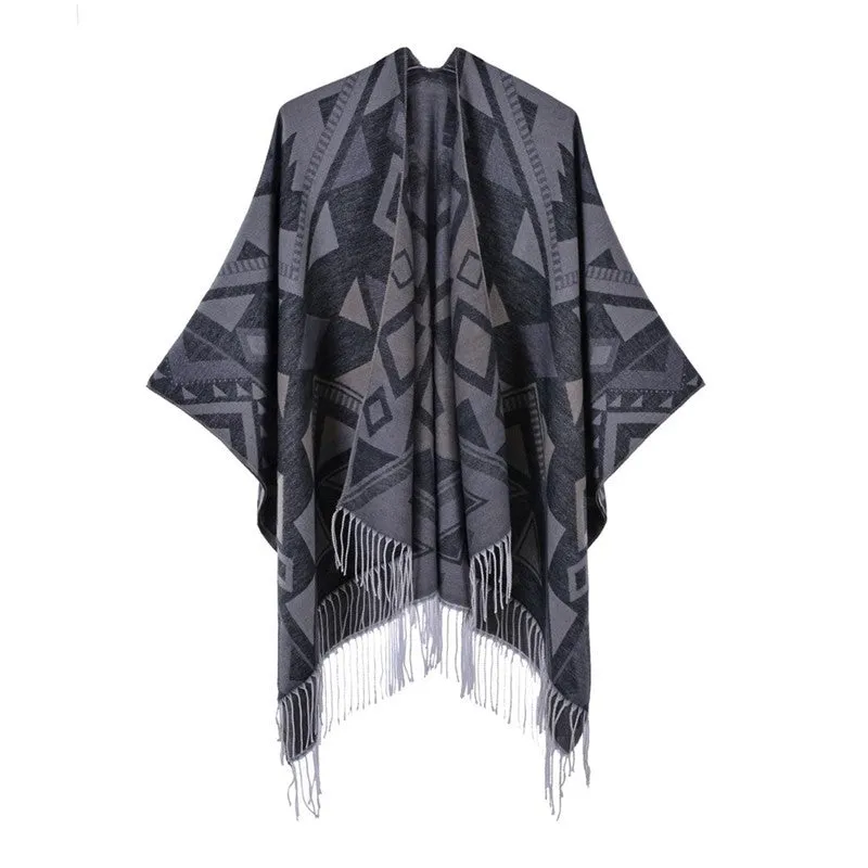 Tassel Slit Shawl Cape Double Sided Imitation Cashmere Thickened Large Warm Cape