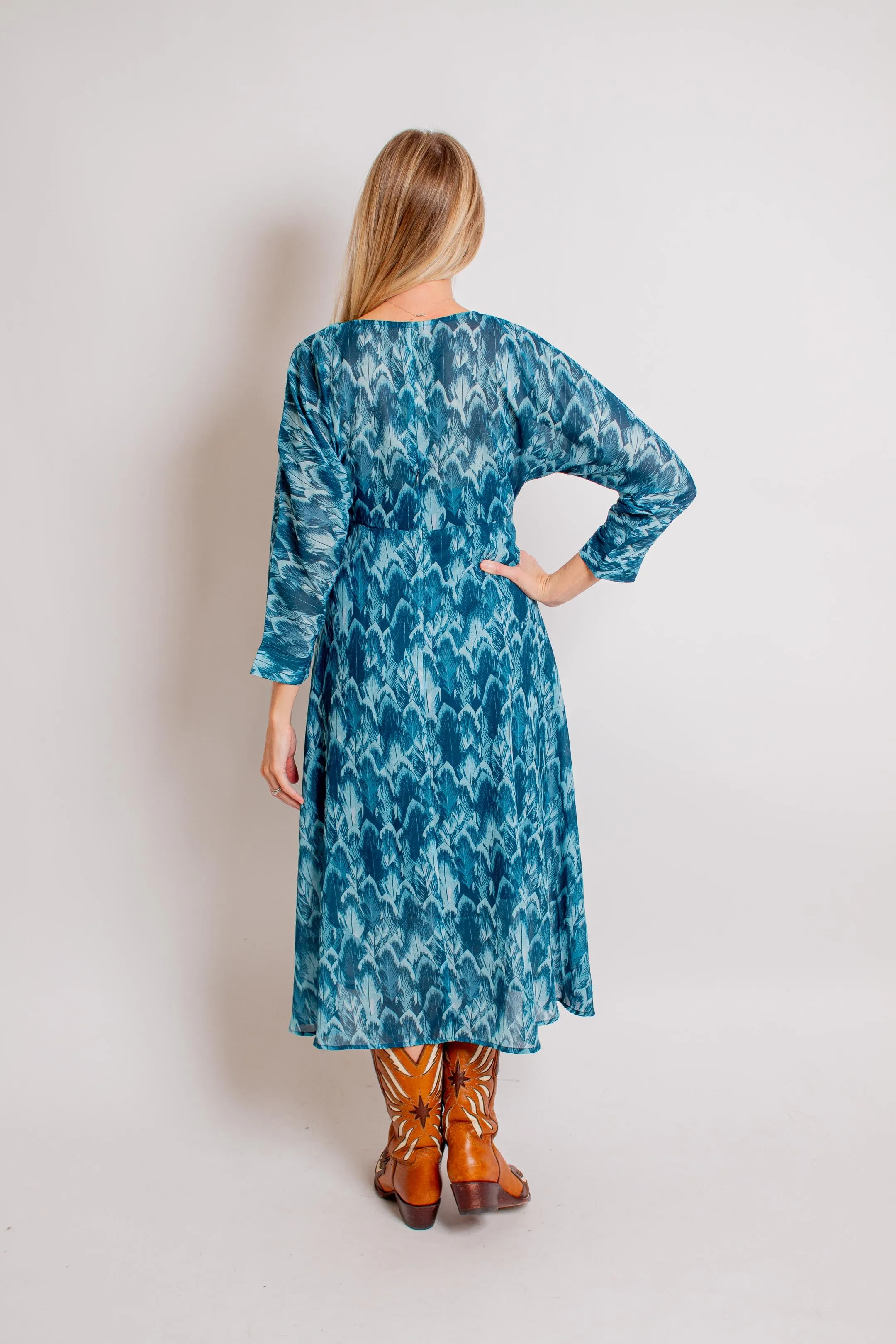 Teal Feather Print Dress