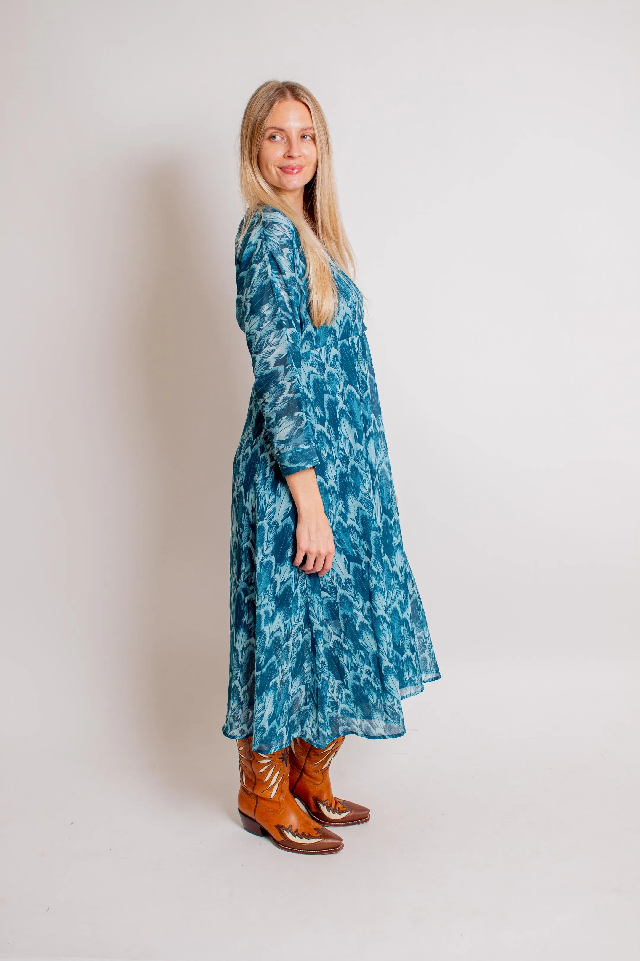 Teal Feather Print Dress
