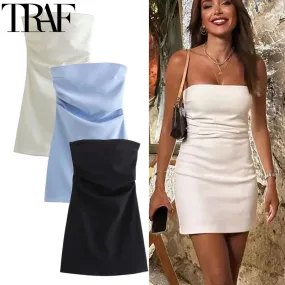 TRAF Dress Women Off Shoulder Corset Short Dresses Ruched Backless Blue Black White Dress Woman Sexy Bodycon Party Dresses