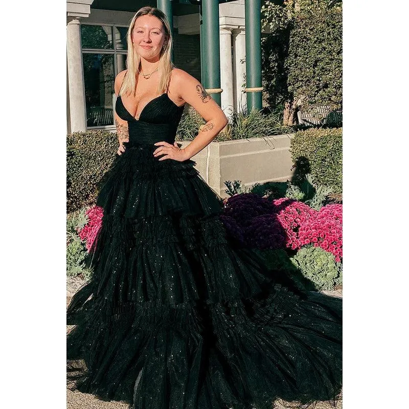 V-Neck Spaghetti Straps Ruched Tulle A-Line Long Homecoming Court Dress