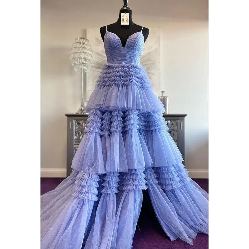 V-Neck Spaghetti Straps Ruched Tulle A-Line Long Homecoming Court Dress