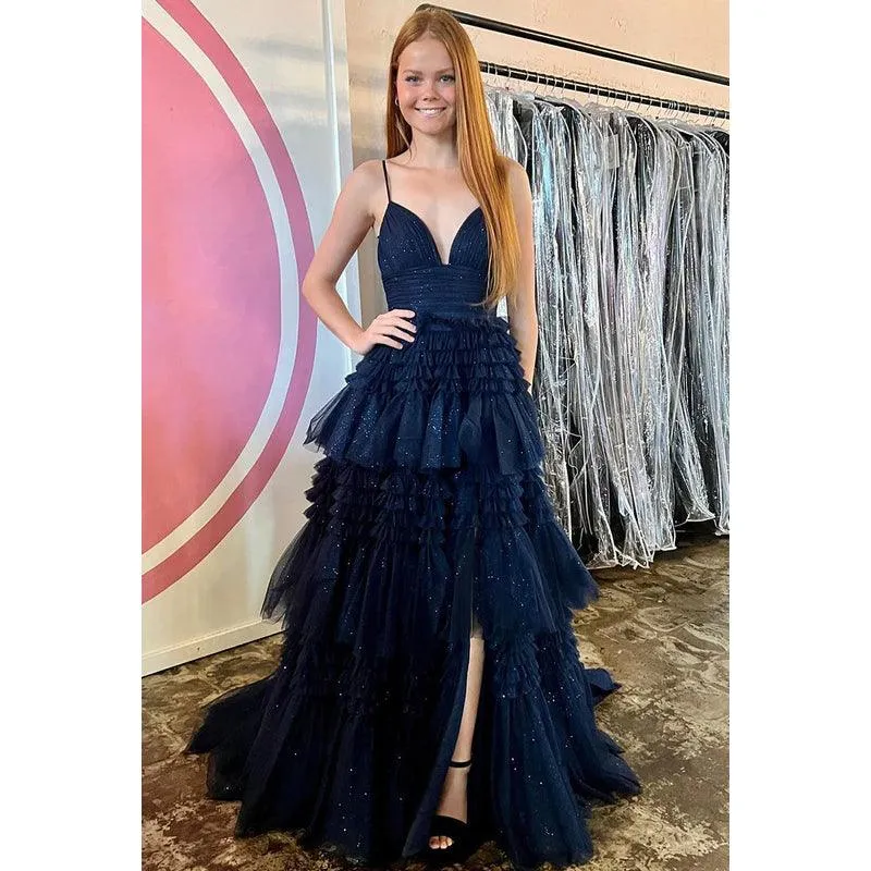 V-Neck Spaghetti Straps Ruched Tulle A-Line Long Homecoming Court Dress