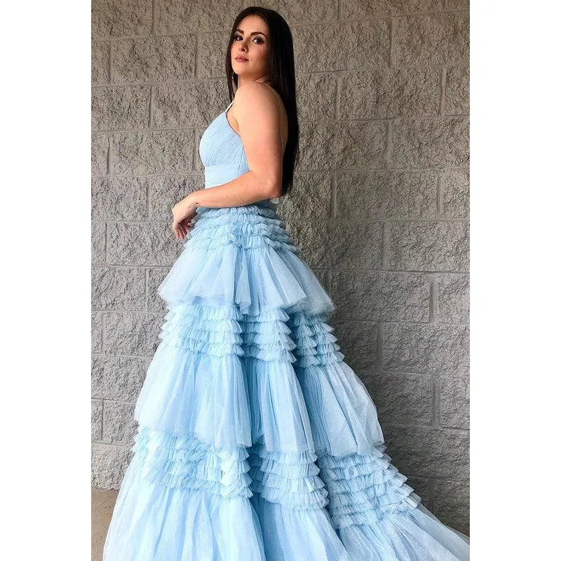 V-Neck Spaghetti Straps Ruched Tulle A-Line Long Homecoming Court Dress