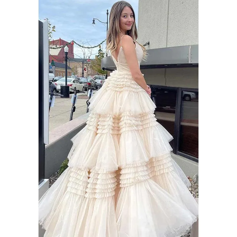 V-Neck Spaghetti Straps Ruched Tulle A-Line Long Homecoming Court Dress