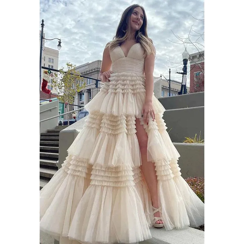 V-Neck Spaghetti Straps Ruched Tulle A-Line Long Homecoming Court Dress