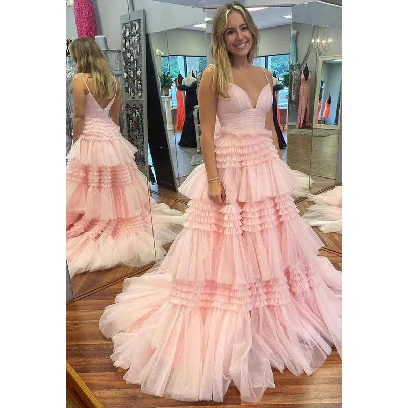 V-Neck Spaghetti Straps Ruched Tulle A-Line Long Homecoming Court Dress