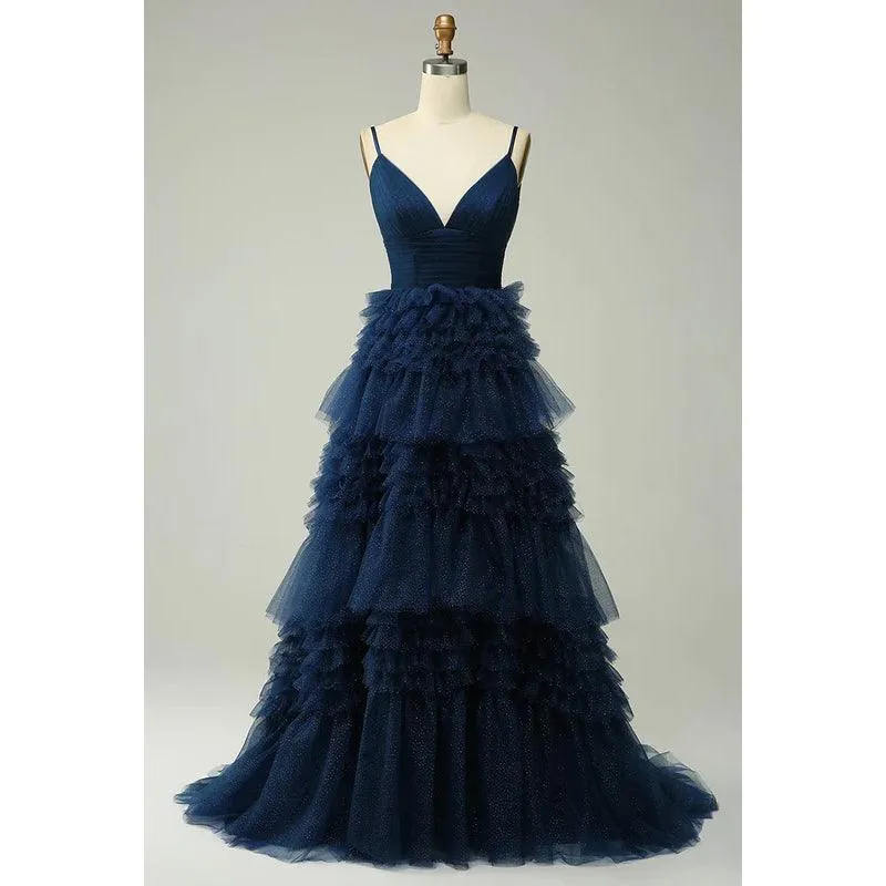 V-Neck Spaghetti Straps Ruched Tulle A-Line Long Homecoming Court Dress
