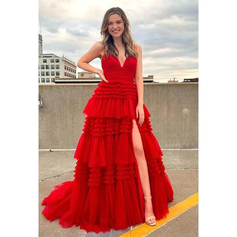 V-Neck Spaghetti Straps Ruched Tulle A-Line Long Homecoming Court Dress