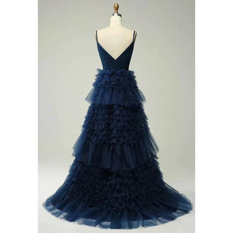 V-Neck Spaghetti Straps Ruched Tulle A-Line Long Homecoming Court Dress