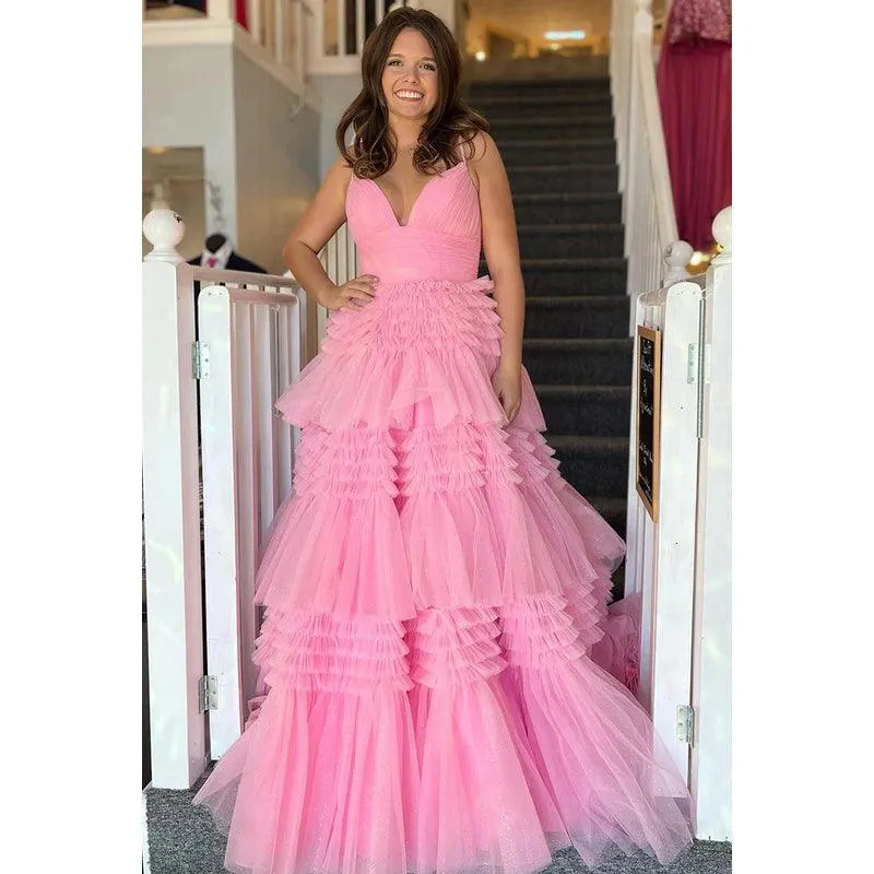 V-Neck Spaghetti Straps Ruched Tulle A-Line Long Homecoming Court Dress