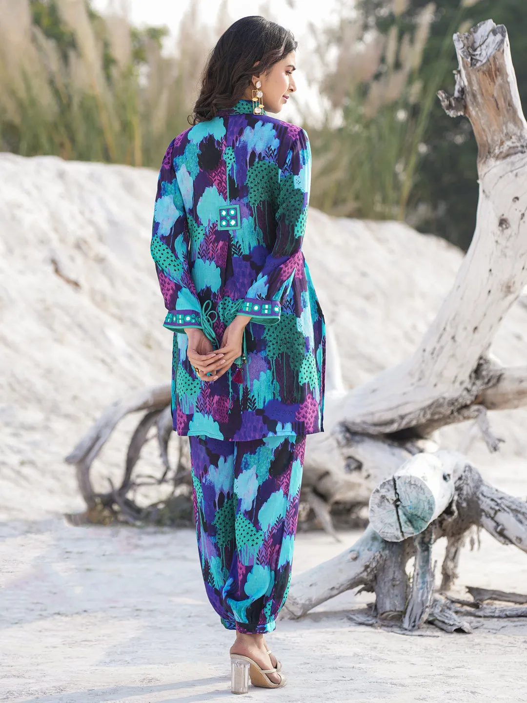 Women blue pure muslin Co-ord set with mirror work detailing on placket and sleeve