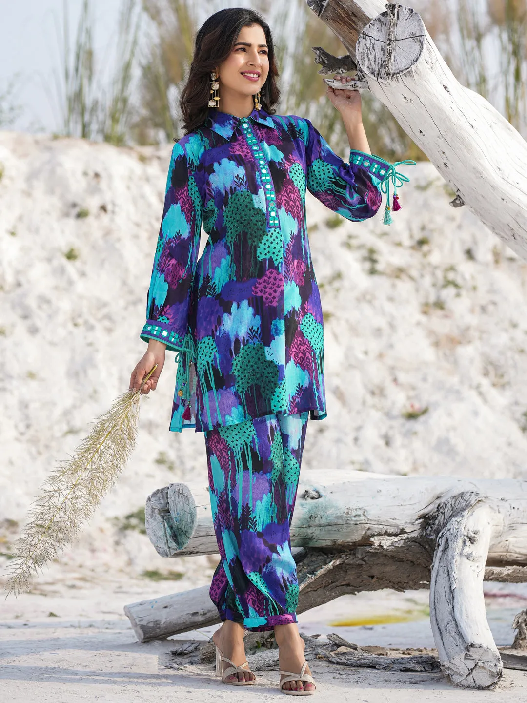 Women blue pure muslin Co-ord set with mirror work detailing on placket and sleeve