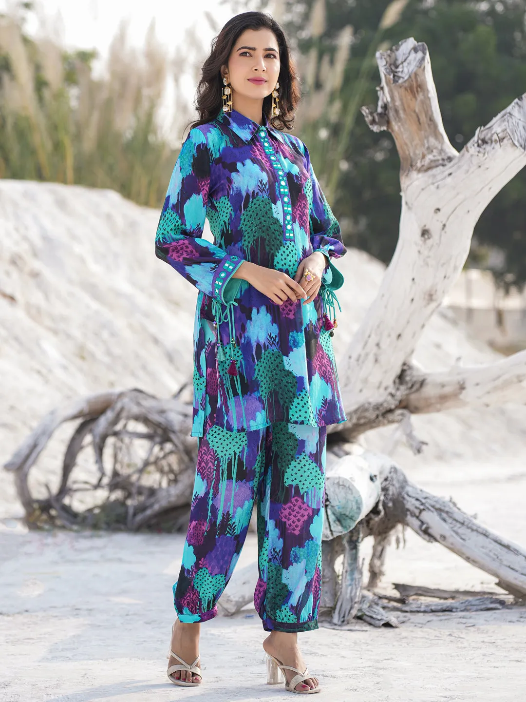Women blue pure muslin Co-ord set with mirror work detailing on placket and sleeve