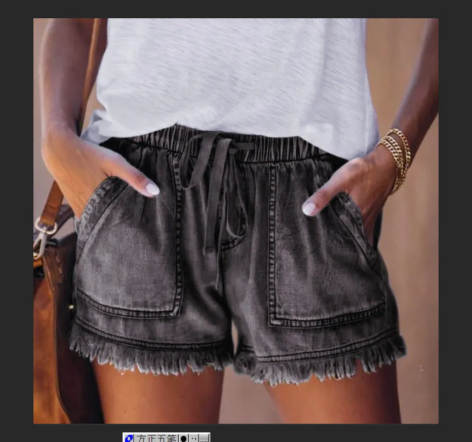 Women's Elastic Waist Drawstring Casual High Waist Denim Shorts