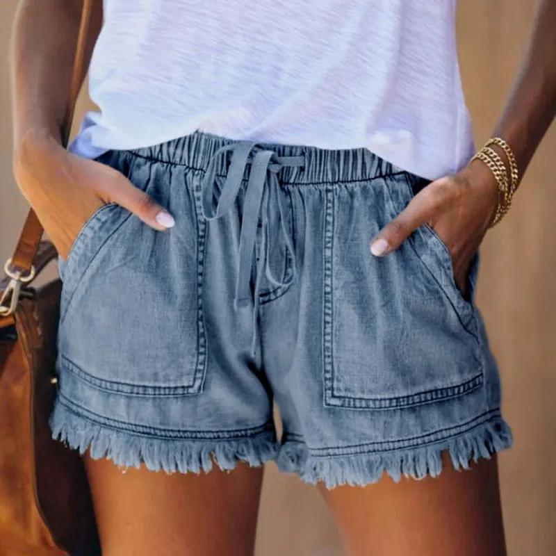Women's Elastic Waist Drawstring Casual High Waist Denim Shorts