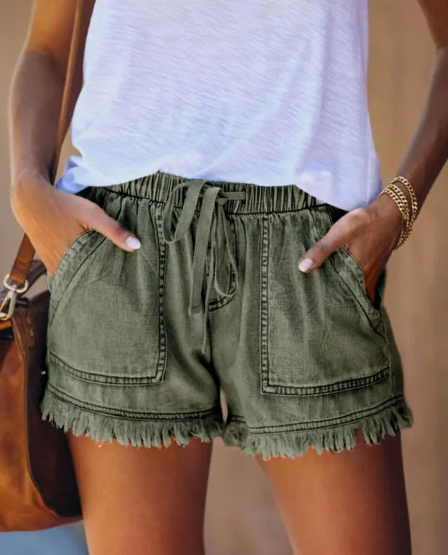 Women's Elastic Waist Drawstring Casual High Waist Denim Shorts