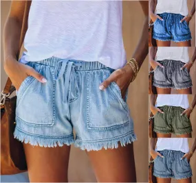 Women's Elastic Waist Drawstring Casual High Waist Denim Shorts