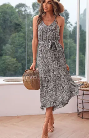 Women’s Leopard Print V-Neck Sleeveless Dress with Waist Tie S-XL