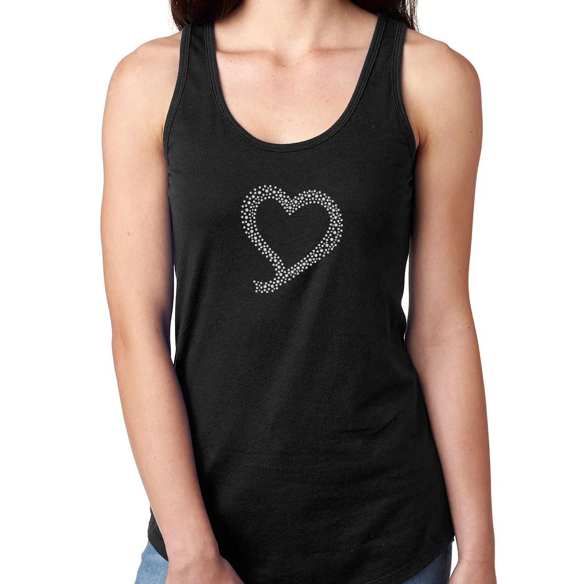 Womens T-Shirt Bling Black Fitted Tee Abstract Heart Clear Silver