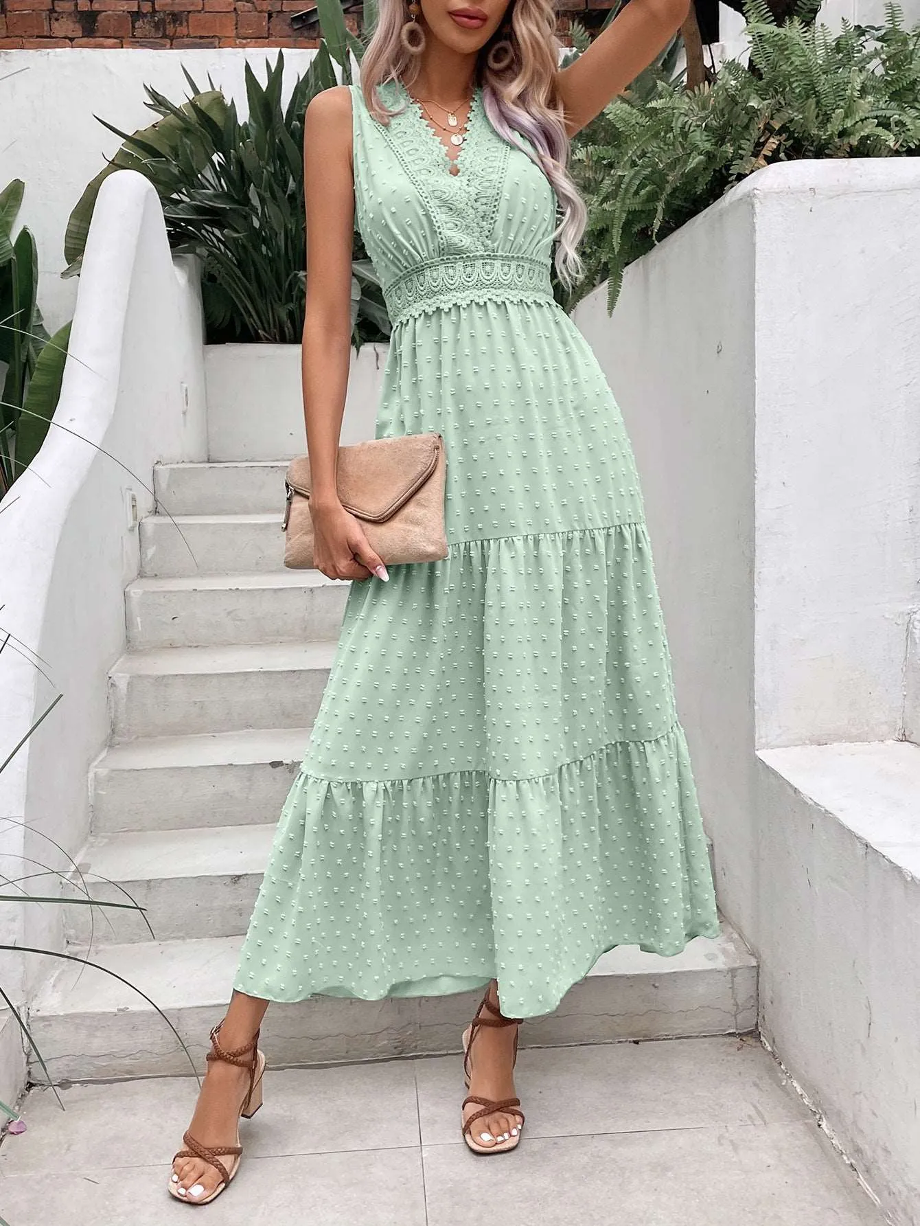 Women's V-Neck Dotted Sleeveless Maxi Dress with Open Back