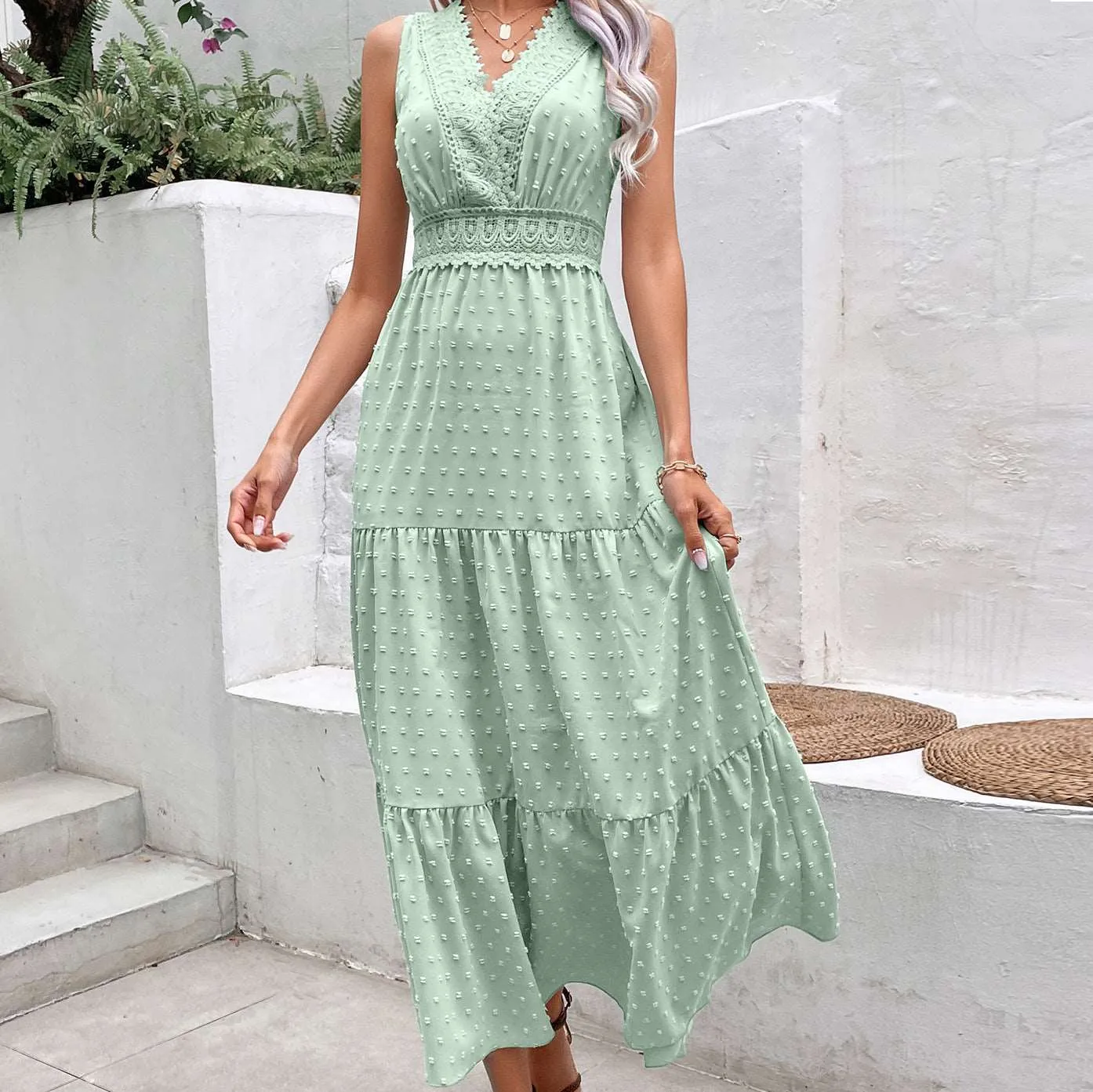Women's V-Neck Dotted Sleeveless Maxi Dress with Open Back