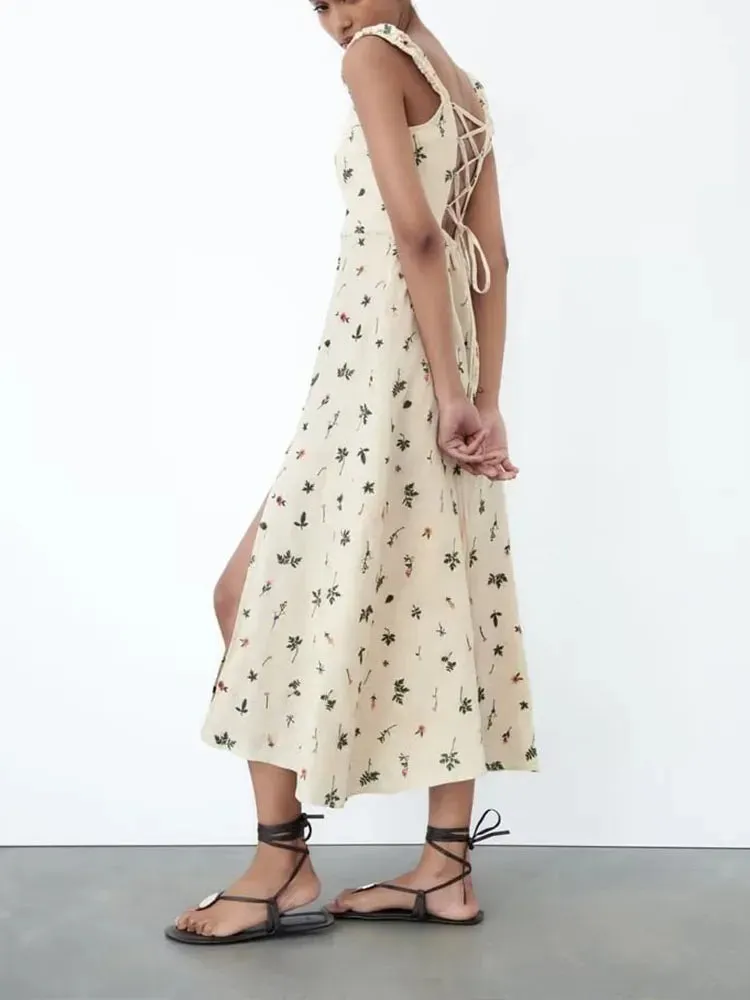 xakxx- Summer new women's clothing sexy backless strappy pastoral style open back linen embroidery midi strap dress